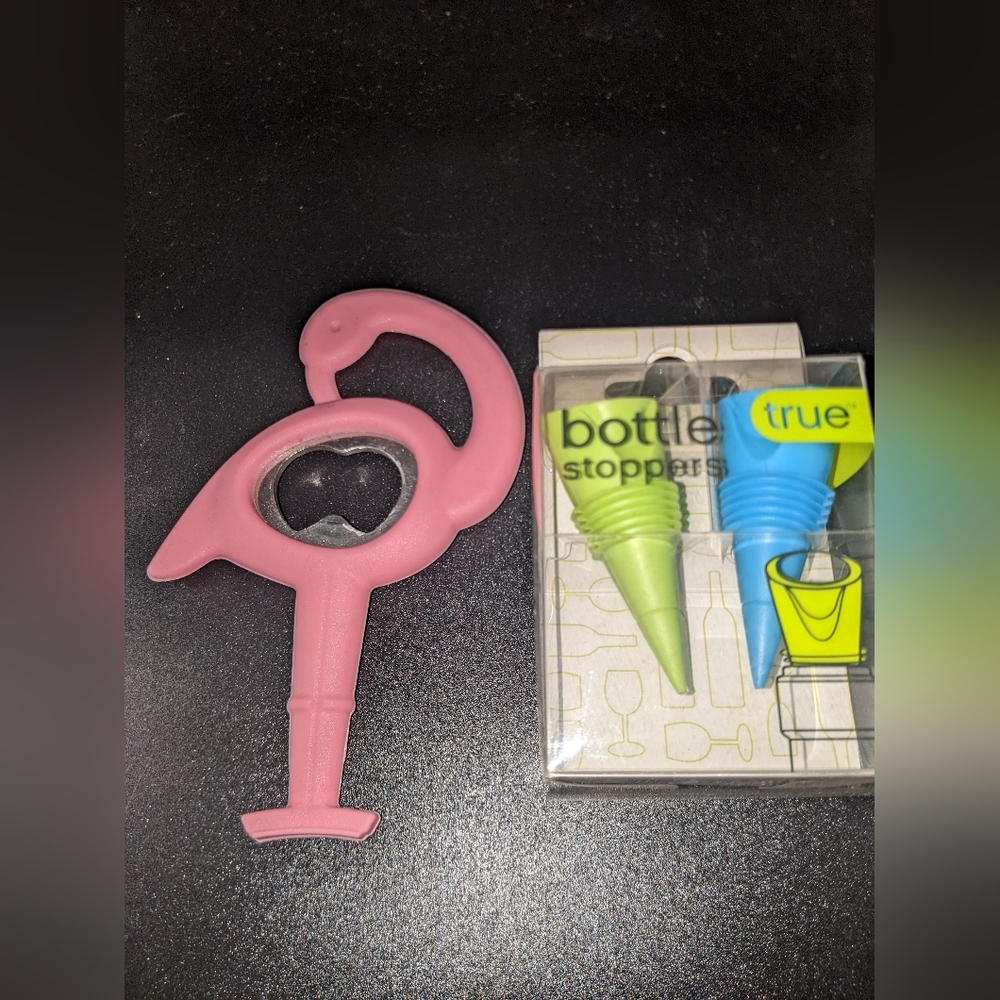Flamingo bottle opener & Wine stoppers. Set of two